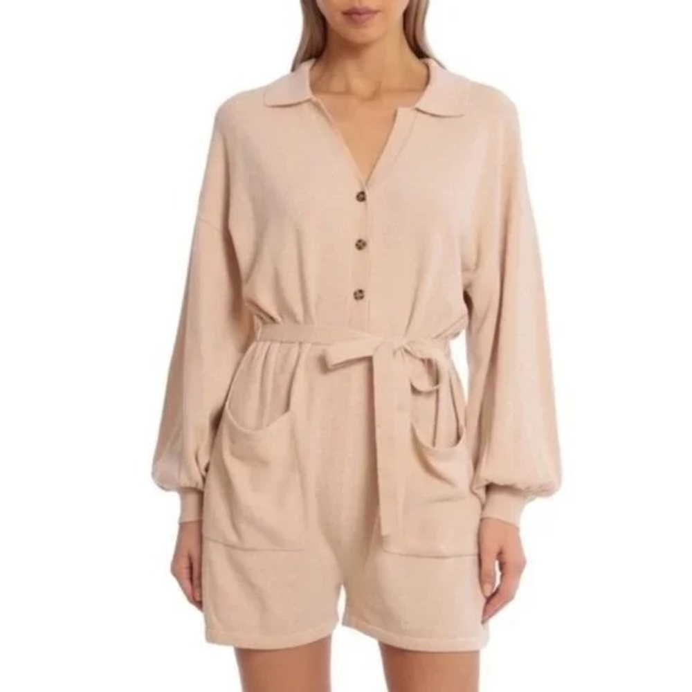 NWT Avec les Filles Belted Knit Romper Color Oat / Beige Size M